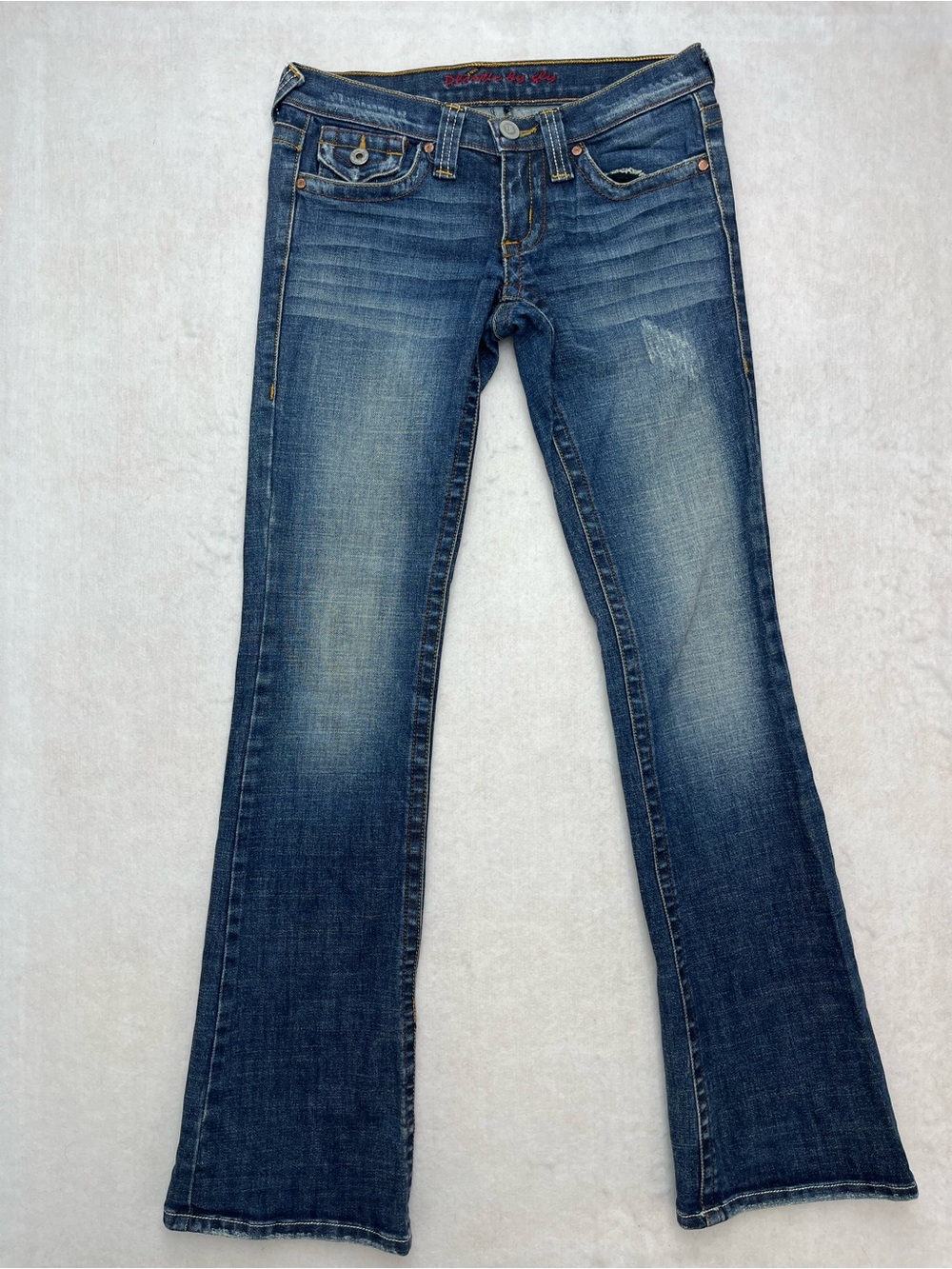 Plastic by Gly Womens Low Rise Bootcut Flap Pocket Distressed Y2K Jeans Size 27